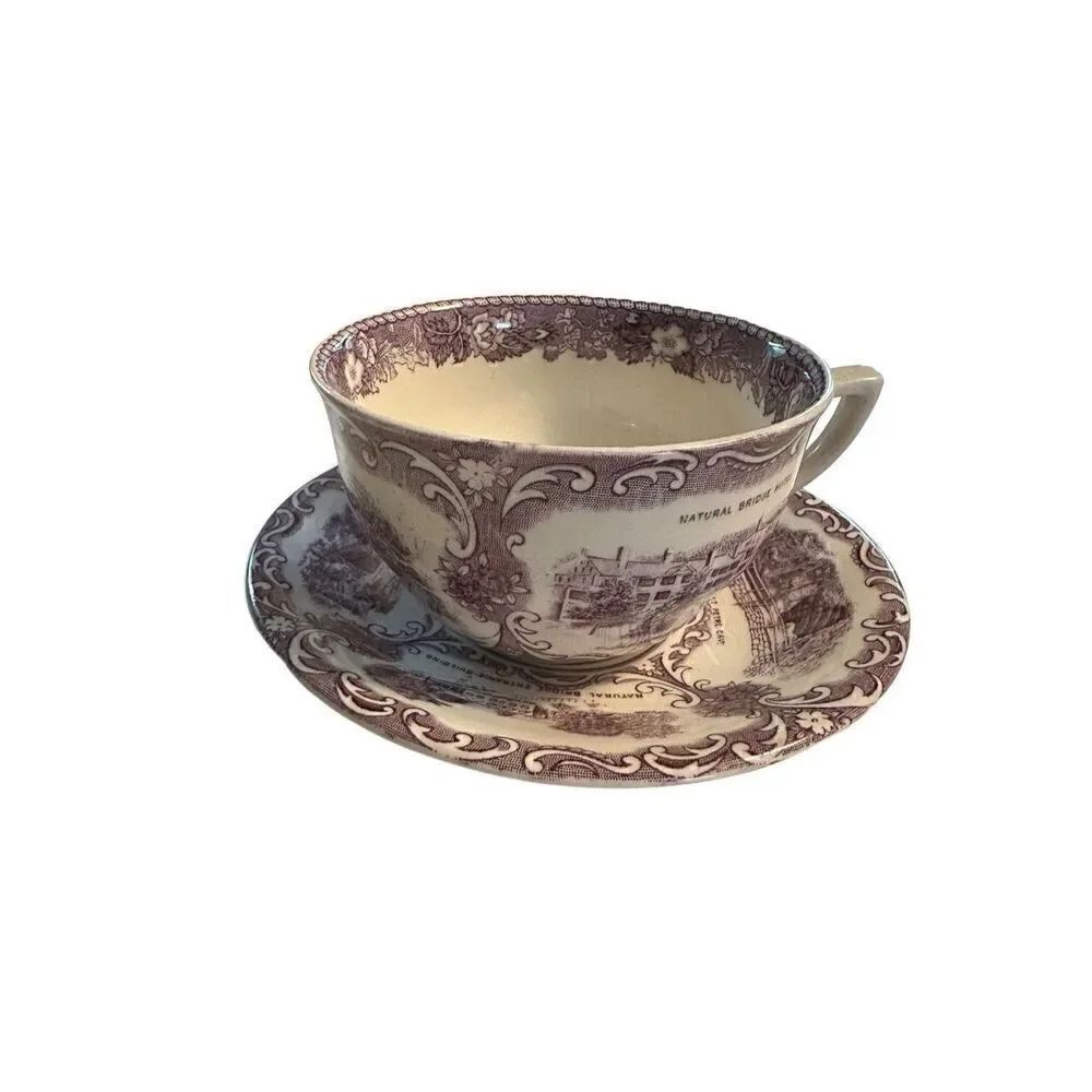 Vtg Old English Staffordshire Ware Natural Bridge Virginia Cup & Saucer Mulberry